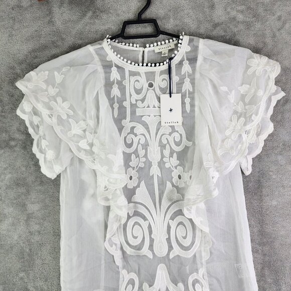 Womens White Stellah Blouse Top Lace Flutter Ruffle Sleeve Relaxed Embroidered M - Picture 4 of 12